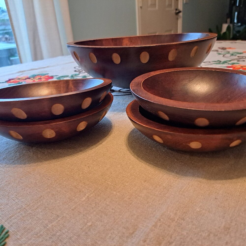 Vintage 60's Baribocraft wooden 5 peice salad bowl set.